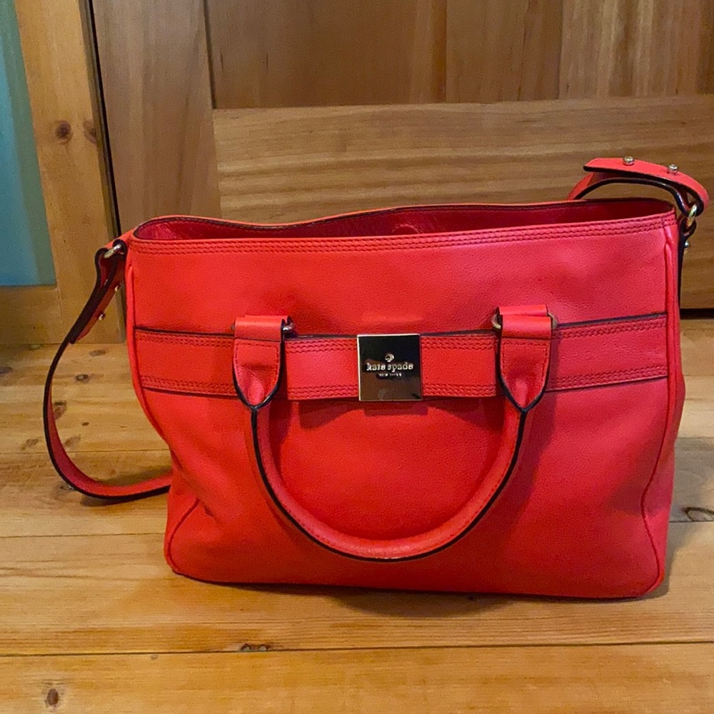 Red Kate Spade leather bow tote with strap